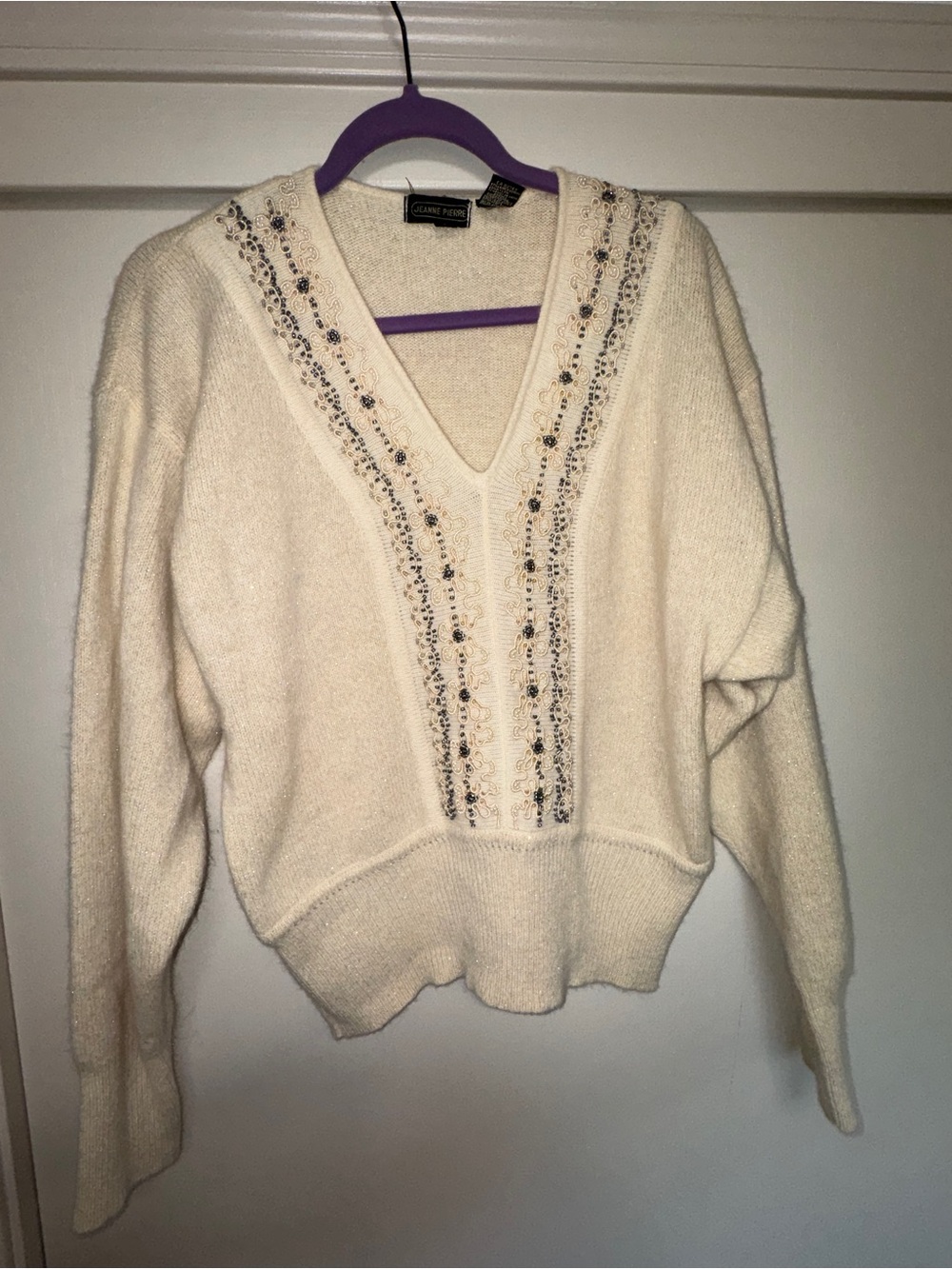 JEANNE PIERRE Cream V-Neck Sweater with Beaded Trim-lambs wool and angora!